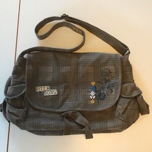 Billabong brown plaid canvas tote bag purse with cute embroidery